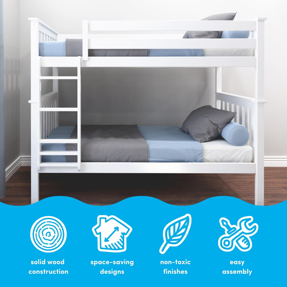 Max & Lily Bunk Bed Twin over Twin, Solid Wood Bunk Bed Frame with Ladder for Kids, 14" Safety Guardrails, Easy Assembly, No Box Spring Needed, White Max & Lily