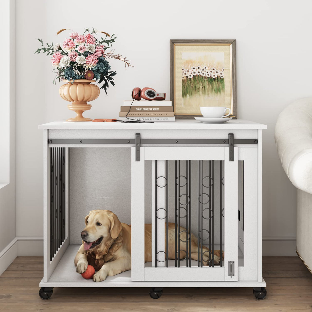 IchbinGo Large Dog Crate Furniture with Sliding Barn Door, 43.7" Wooden Dog Kennel End Table with Wheels and Flip-top Plate Dog House with Detachable Divider for Small/Medium/Large Dog (White) IchbinGo