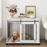 IchbinGo Large Dog Crate Furniture with Sliding Barn Door, 43.7" Wooden Dog Kennel End Table with Wheels and Flip-top Plate Dog House with Detachable Divider for Small/Medium/Large Dog (White) IchbinGo