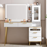 Arulvmrn Makeup Vanity Desk with Mirror and Lights, 48" Big Modern Vanity Desk with 5 Drawers & Shelves, Dressing Table with Charging Station, Glass Top Vanity Table for Bedroom,White Arulvmrn