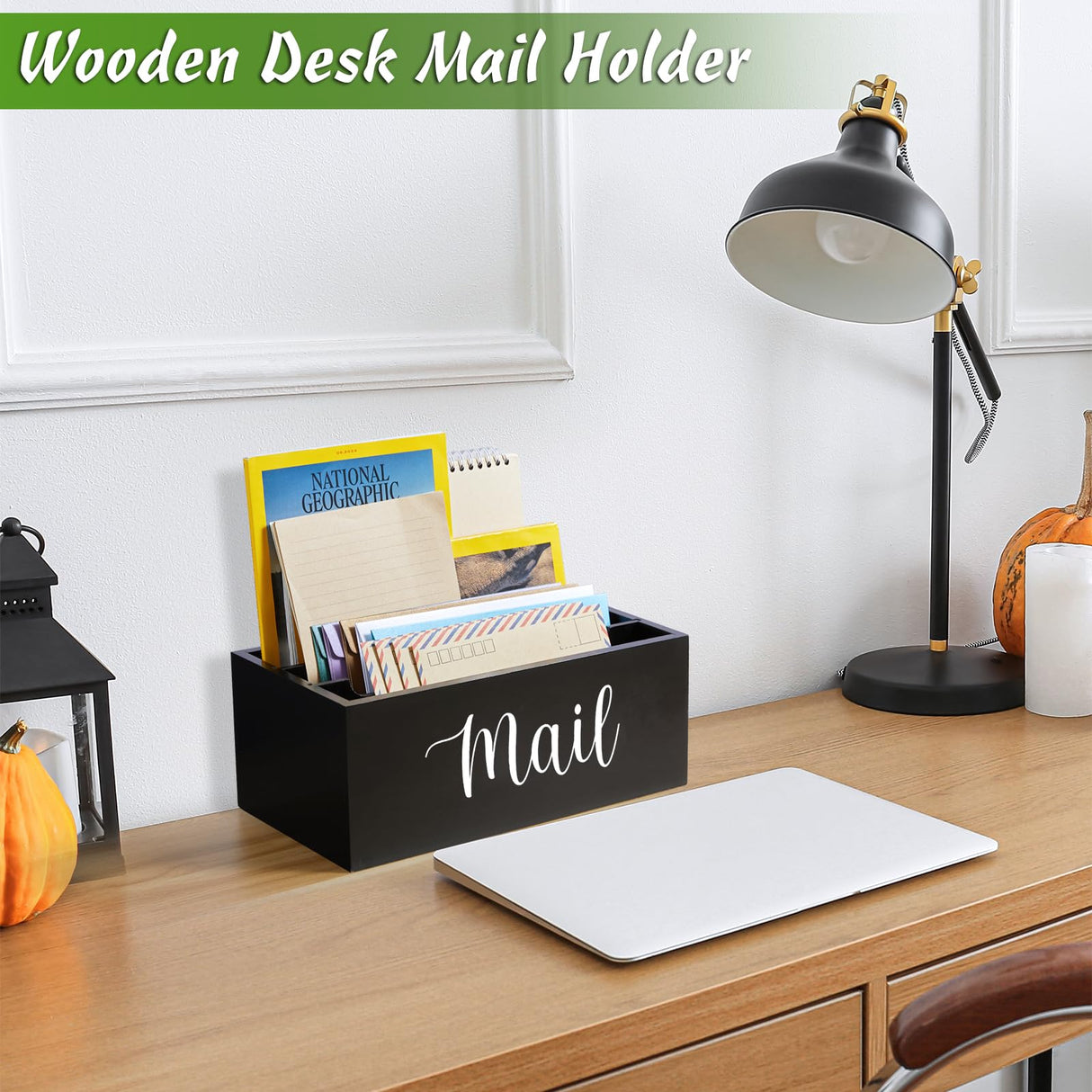 DRASTAR Mail Organizer Countertop, Wooden Mail Holder with 3 Slots, Desktop Mail Organizer, Black Mail Sorter for Home Office Accessories DRASTAR