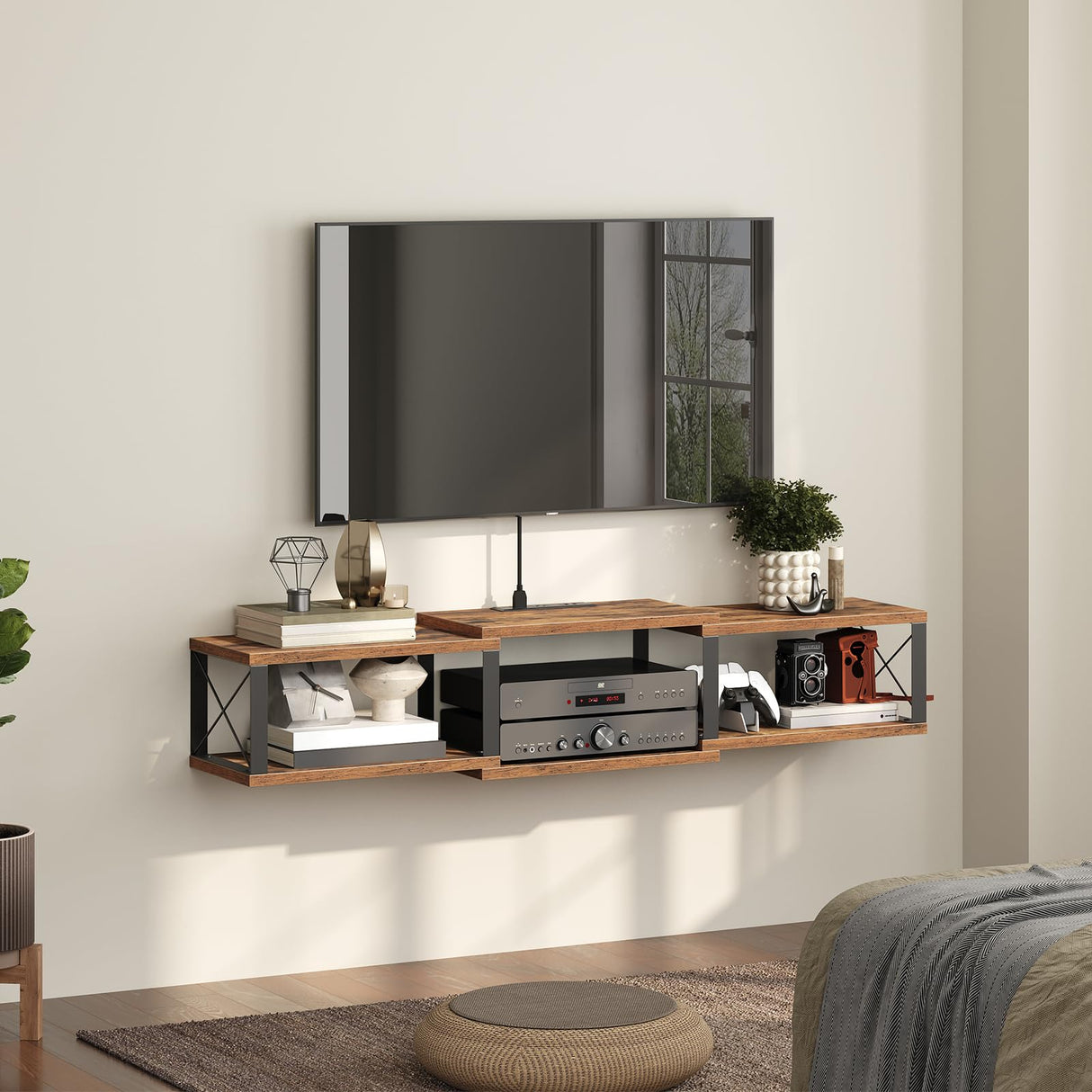 MAHANCRIS Floating TV Stand with Power Outlet, Wall-Mounted Entertainment Console Center with Storage, Floating TV Shelf for Under TV Storage, for Living Room, Bedroom, Rustic Brown TVHR101E01 MAHANCRIS