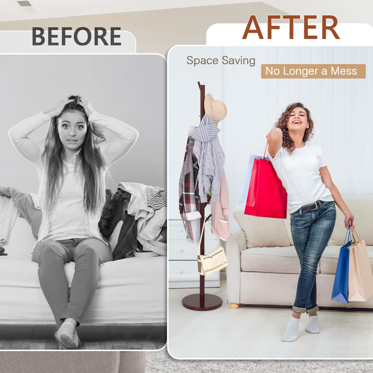 Wooden Coat Rack Freestanding Coat Tree with 4 Height Options and 9 Hooks, Sturdy Coat Rack Stand for Clothes/Bags/Hats, Easy Assemble Save Space for Entryway,Bedroom,Office,Narrow Place (Brown) Bamdibola