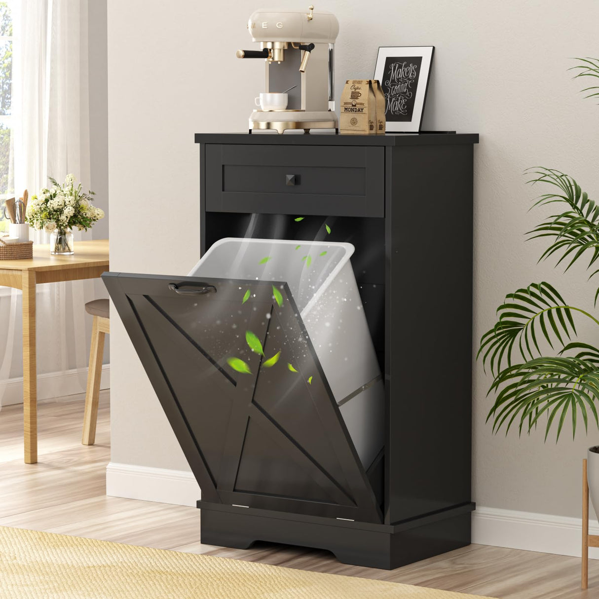 Tilt Out Trash Cabinet, Farmhouse Trash Can Cabinet w/Negative ion, Dog Proof 10 Gallon Garbage Can Cabinet for Kitchen, Bathroom, Living Room, Black Halitaa
