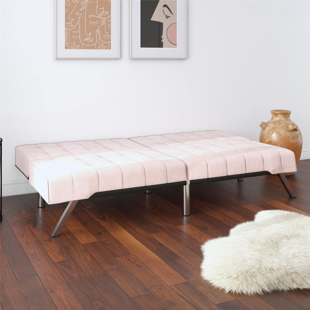 DHP Emily 71 Inch Futon Sofa Bed Fabric, Armless Upholstered Couch Sleeper with Tufted Back and Seat, Mid-Century Modern, Pink Velvet DHP