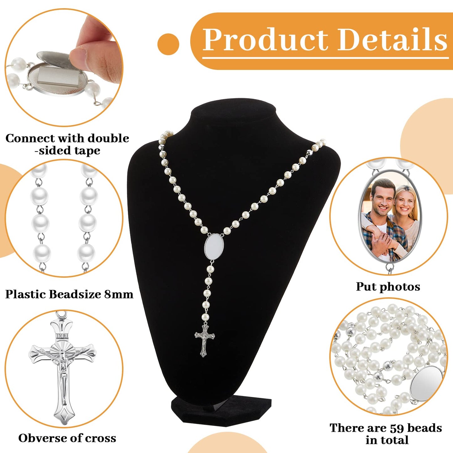 Sublimation Blanks Rosary Beads Necklace Set Catholic Rosary Printable Insert Rosary Necklace Prayer Beads Rosary with Sheer Organza Bags for Baptism Women Men Jewelry Gifts DIY Making (12 Set)