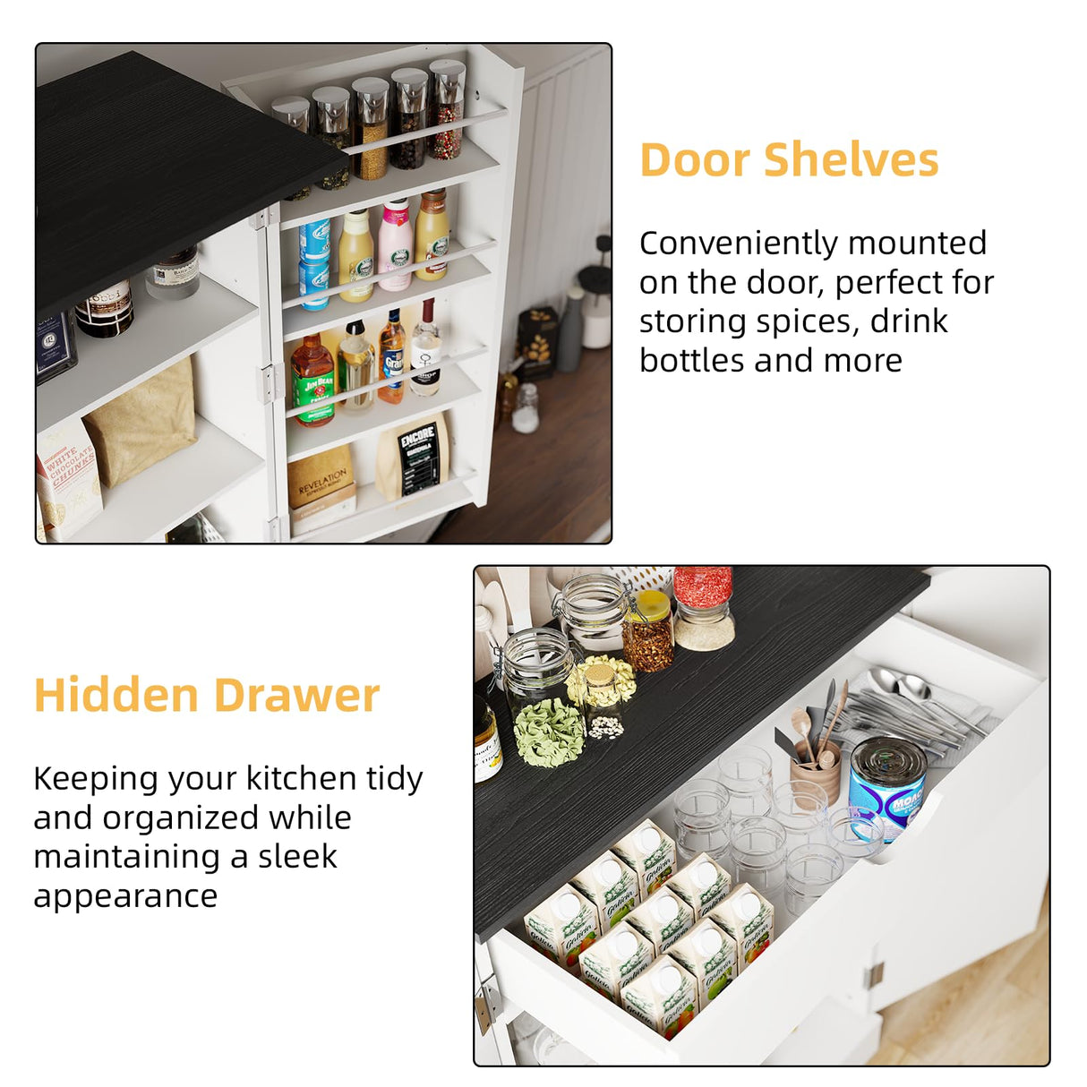 BREEZEHEAT 72" Tall Kitchen Pantry Cabinet, White Freestanding Farmhouse Pantry Storage Cabinet with 180° Swivel Doors, Adjustable Shelves & Drawer, Hutch Cabinet for Kitchen, Dining Room or Bathroom BREEZEHEAT