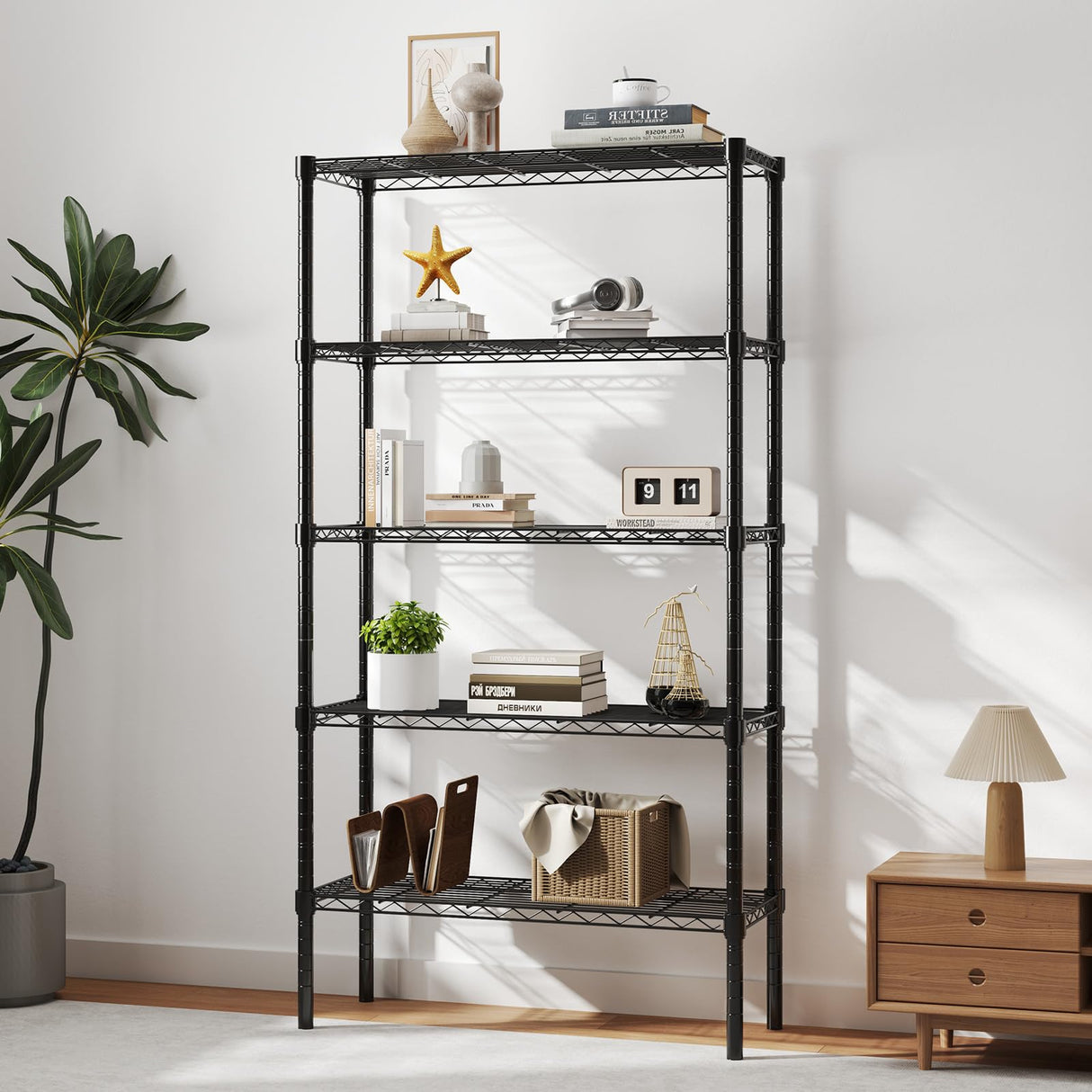 DUMOS 5 Tier Metal Wire Rack Shelf Heavy Duty Standing Shelves Adjustable Steel Closet Shelving Unit Organizers and Storage for Kitchen Bathroom Pantry Office, 13.78" D x 35.43" W x 69.29" H DUMOS