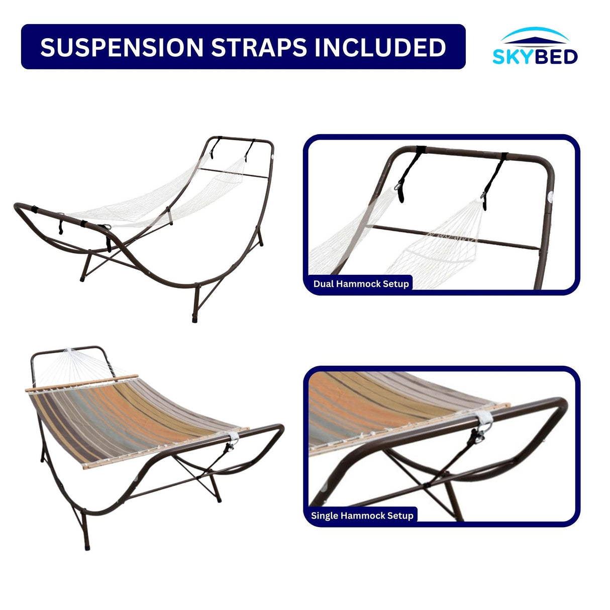 Skybed Universal Hammock Stand, Fits 2 Single Hammocks 7 ft to 14 ft Long or 1 Double Wide, Unique Head Up Mount Option for Dual Hammock Chat Mode, Heavy Duty, 600 Lbs Capacity, Indoor/Outdoor Skybed