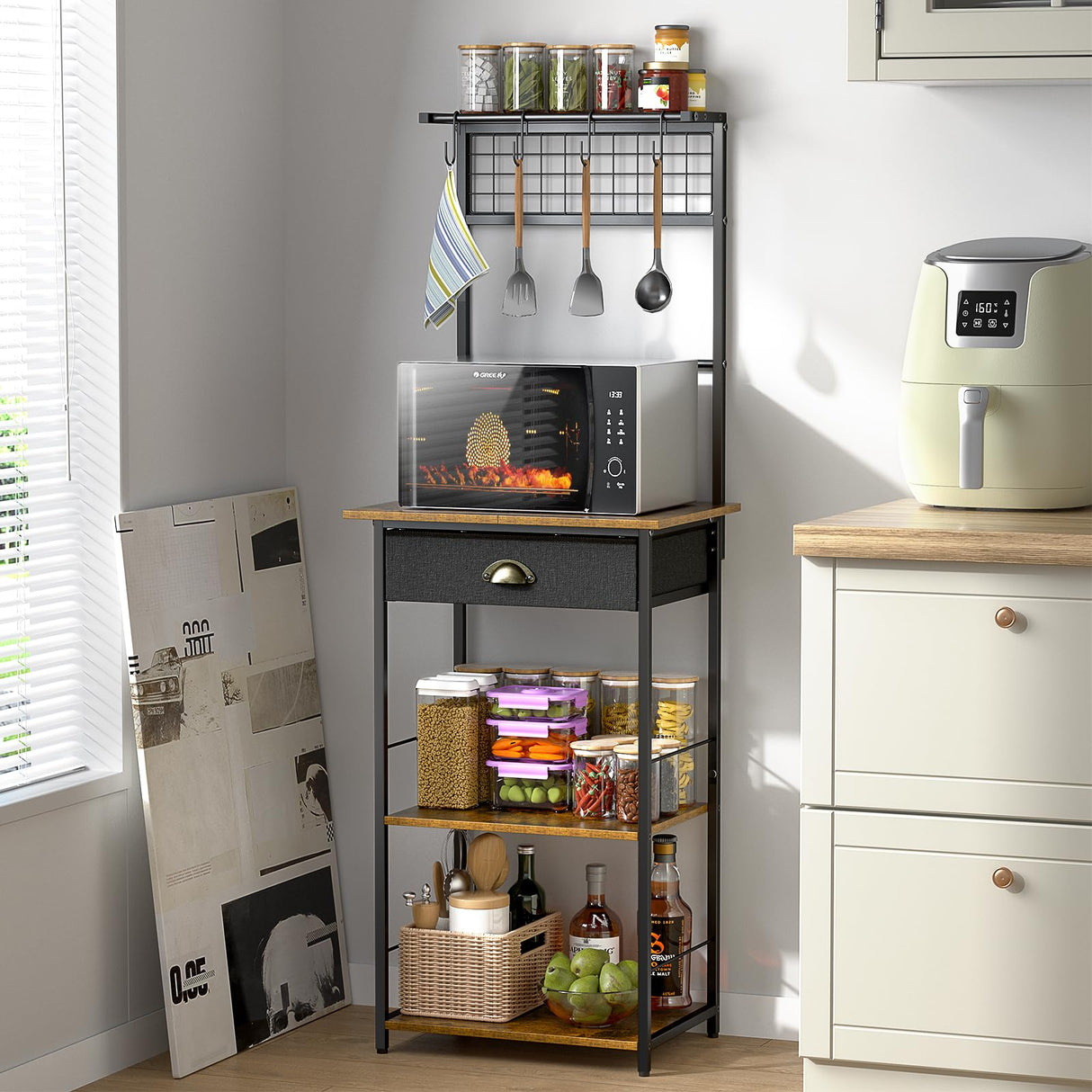 5 Tier Coffee Bar Station with Drawer, Coffee Stand with 4 S-Shaped Hooks, Farmhouse Corner Coffee Bar Cabinet for Small Spaces, Bakers Rack for Kitchen, Living Room, 13.43"D x 18.93"W x 53.31"H DAOUTIME