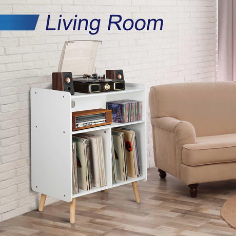 Possile Mid-Century Wood Record Player Stand, Large Vintage Turntable Stand for Living Room, Office, 3-Tier Vinyl Record Storage Cabinet Table Holds up to 100 Albums, White Possile