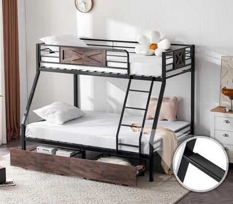 VINGLI Bunk Bed Twin Over Full Size with 2 Storage Drawers/Flat Rungs/Inclined Ladder, Heavy Duty Metal Slat Support, No Box Spring Needed, Black/Industrial Brown VINGLI