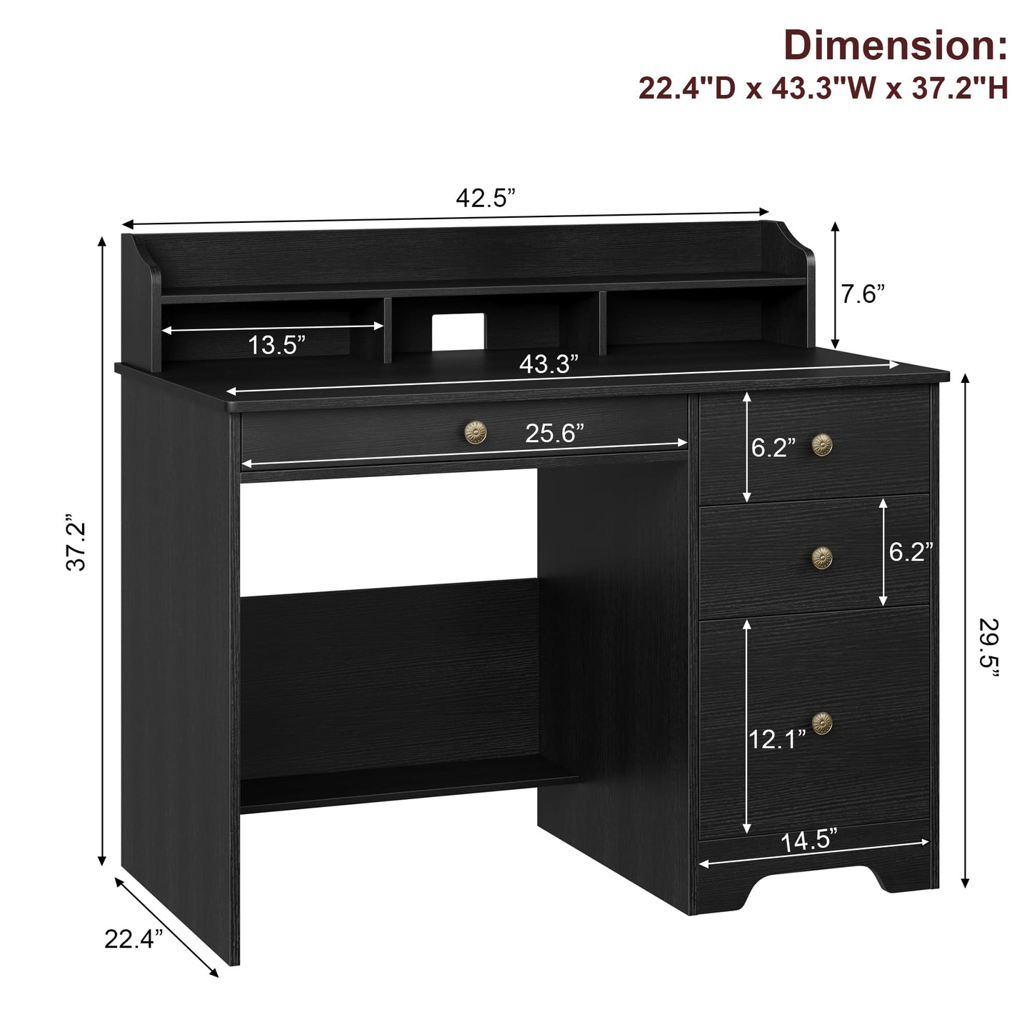 TTVIEW Computer Desk with Drawers and Hutch Shelf, Wood Executive Desk Writing Study Table with 43” Wide Tabletop, Small Desk with File Drawer for Home Office Bedroom, Black - WoodArtSupply