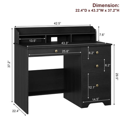 TTVIEW Computer Desk with Drawers and Hutch Shelf, Wood Executive Desk Writing Study Table with 43” Wide Tabletop, Small Desk with File Drawer for Home Office Bedroom, Black - WoodArtSupply