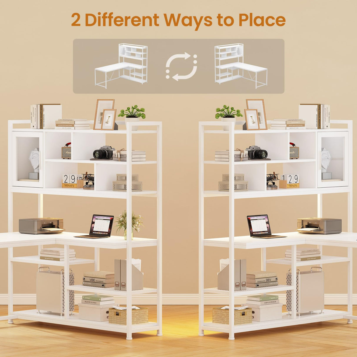 SEDETA L Shaped Computer Desk, 58'' Office Desk with LED Light and Bookshelf, L Shaped Corner Desk with Storage Shelves for Home Office, Gaming Desk, L Desk, White SEDETA