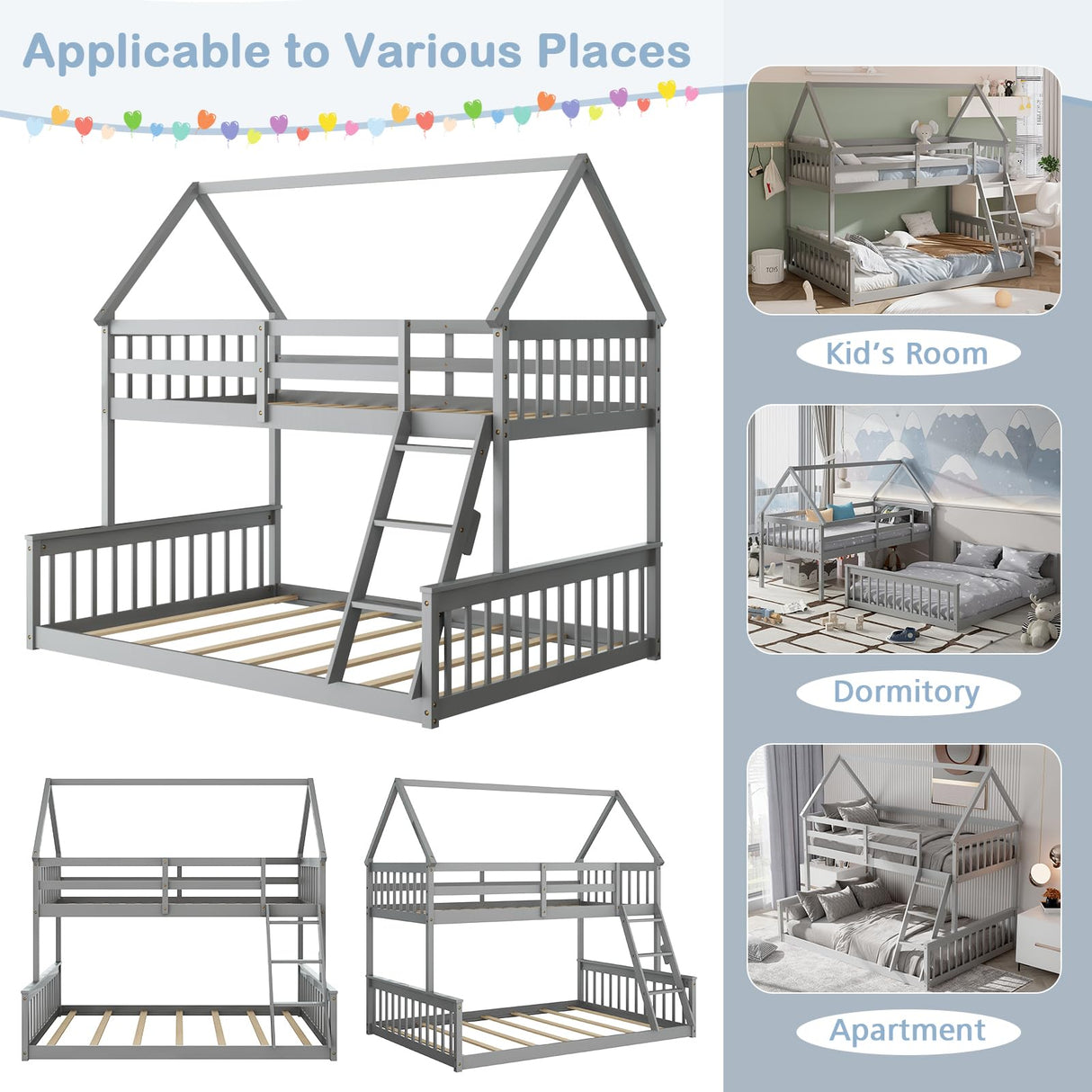 Giantex Wood Twin Over Full Bunk Bed, Solid Wood House Bed Frame Built in Ladder & Safety Guardrails, Convertible to 2 Beds, Floor Bunk Bed for Kids Teens Juniors, No Box Spring Needed, Grey Giantex