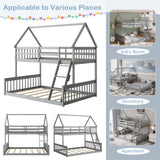 Giantex Wood Twin Over Full Bunk Bed, Solid Wood House Bed Frame Built in Ladder & Safety Guardrails, Convertible to 2 Beds, Floor Bunk Bed for Kids Teens Juniors, No Box Spring Needed, Grey Giantex