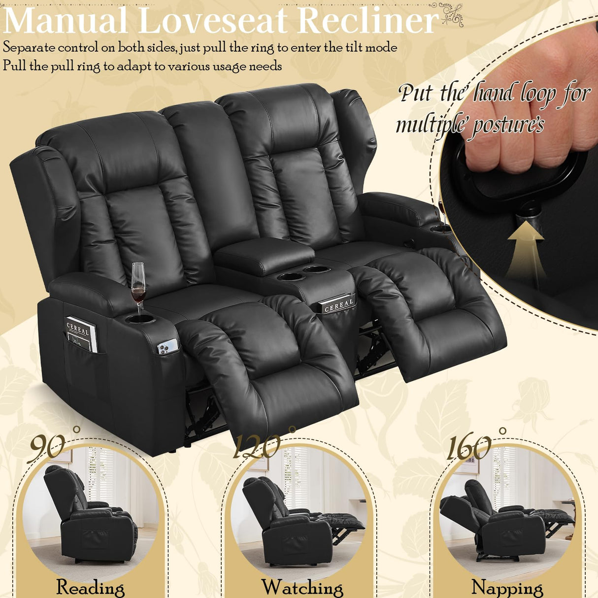 SAMERY 66" RV Loveseat Recliner Sofa, 6" Wall Hugger Reclining Loveseat with Storage Console, Manual Faux Leather Recliner Sofa Couch for Living Room RV Theater Seating with Cup Holder SAMERY