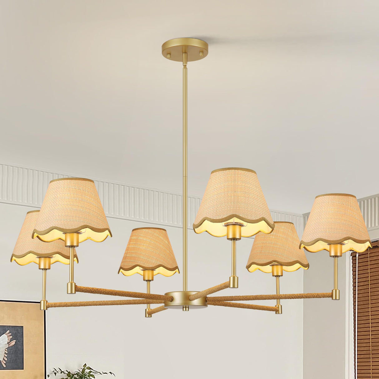 ZXFDWB Farmhouse Rattan Chandelier Light Fixture, 6-Light Boho Chandeliers for Dining Room, Adjustable Rustic Pendant Light Large Modern Gold Hanging Lighting for Kitchen Island, Living Room ZXFDWB