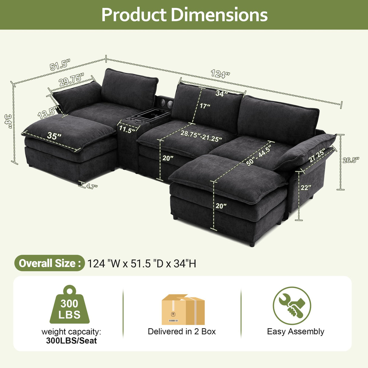 EYATZO 124" U Shaped Cloud Couch, Modular Sectional Sofa with Movable Ottomans, Modern Deep Seat Sofas for Living Room, Comfy Chenille Sectionals with Central Console & Bluetooth Speakers (Black) EYATZO