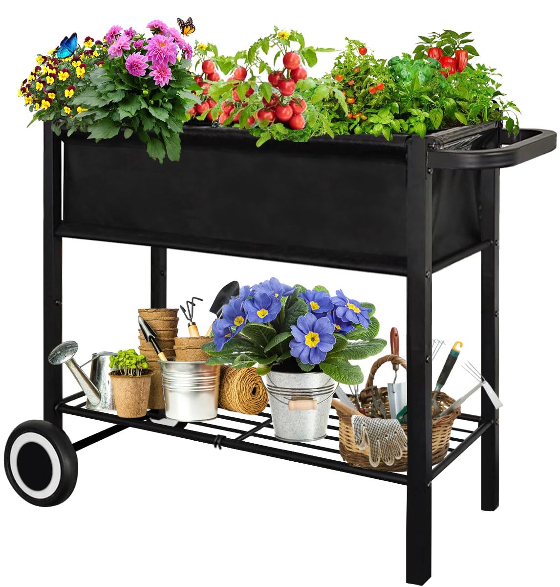 Fiwithy Raised Garden Bed with Legs for Outdoor Plants, Standing Elevated Planter Box Cart on Wheels for Vegetables Flower Herb Patio, Black Fiwithy
