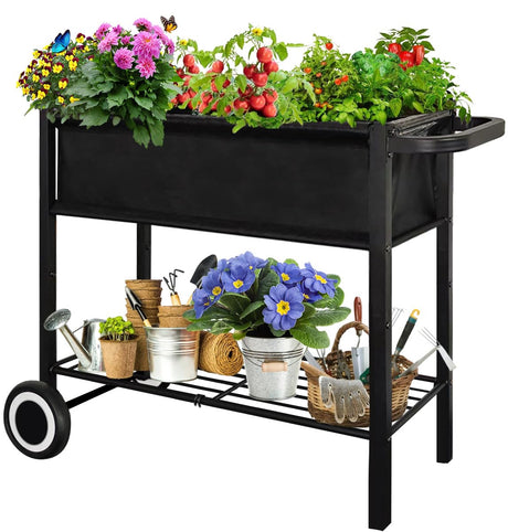 Fiwithy Raised Garden Bed with Legs for Outdoor Plants, Standing Elevated Planter Box Cart on Wheels for Vegetables Flower Herb Patio, Black Fiwithy