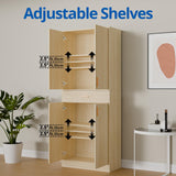 Cozy Castle Tall Oak Pantry Storage Cabinet with 4 Doors, Sliding Drawer, and Adjustable Shelves Cozy Castle