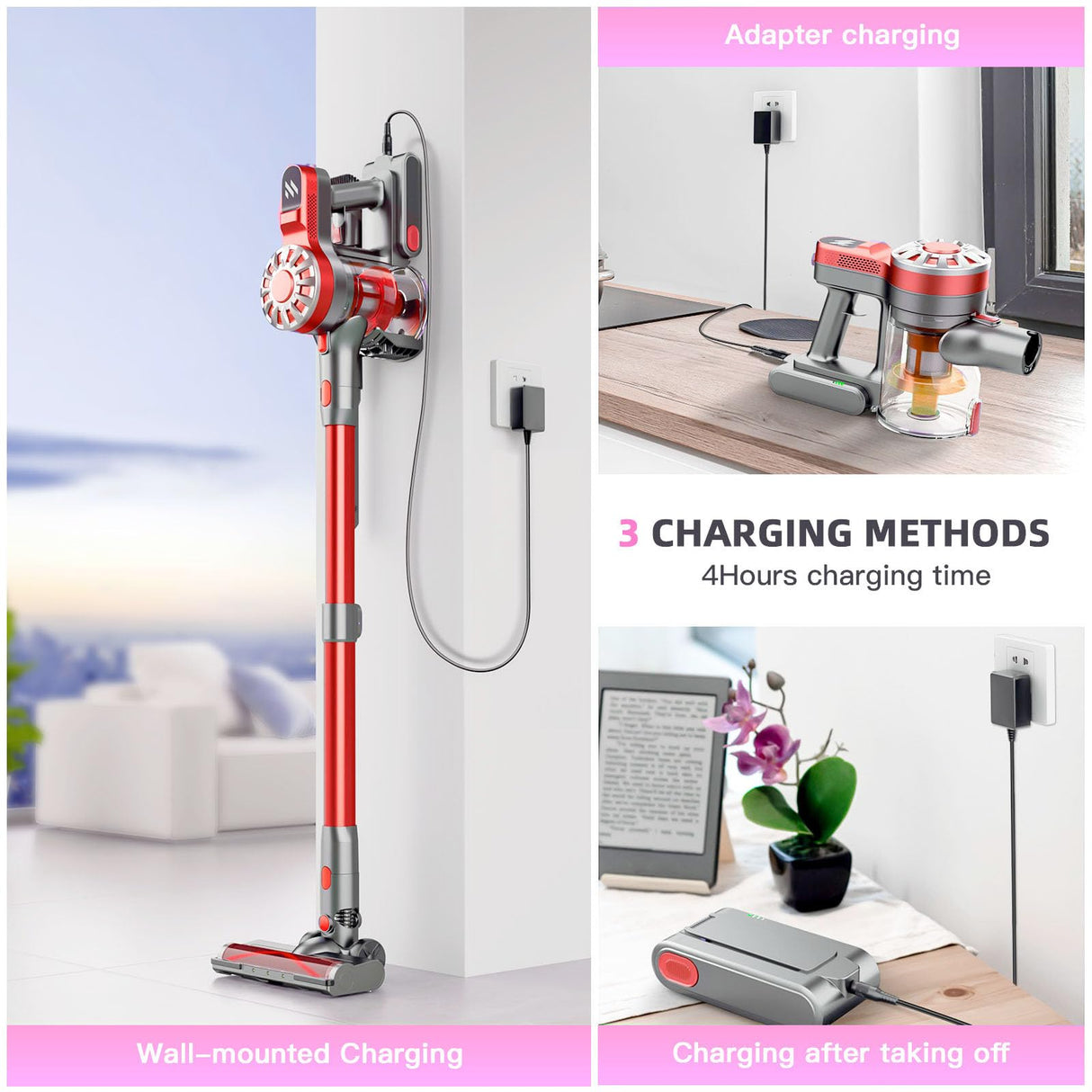 WLOTPO Cordless Vacuum Cleaner,Vacuum Cleaners for Home with Super Suction,Stick Vacuum Cleaner Rechargeable Up to 35 Mins Runtime,Lightweight Hardwood Floor Vacuum for Pet Hair,Carpet(Red) WLOTPO