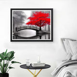 Diymood DIY 5D Diamond Painting Kits for Adults Landscape - Diamond Art Kits for Adults Red Tree Bridge | Full Drill Round | Crystal Mosaic Picture | Beginner | Home Wall Decor | 16x20inch Diymood