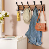 Kuhome Coat Rack Wall Mount Wooden Hat Rack for Wall Hooks Pine Real Wood Plank 16.9" Brown Coat Hanger with 5 Triple Hooks for Hanging Coat Hat Jacket Kuhome