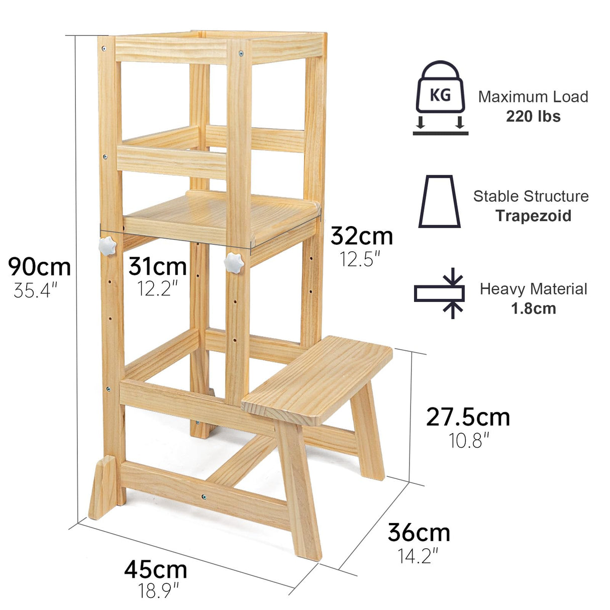 WOOD CITY Toddler Standing Tower, 3 Adjustable Heights Kids Kitchen Step Stool with CPC Certification, Equipped with Removable Safety Anti-Fall Net, Suitable for 18 Months and Up (Natural) WOOD CITY