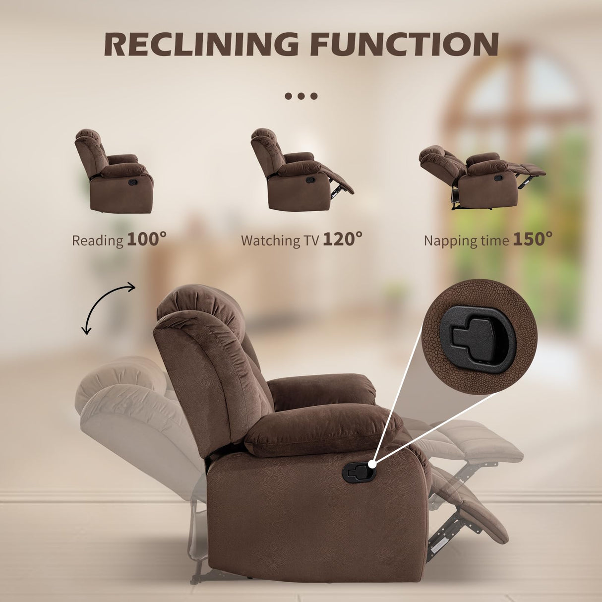 INZOY Manual Recliner Chair with Padded Armrest, Wall-Hugger Single Sofa Recliners with Overstuffed Back, Classical Fabric Reclining Chairs for Living Room Theater Seating, Brown INZOY