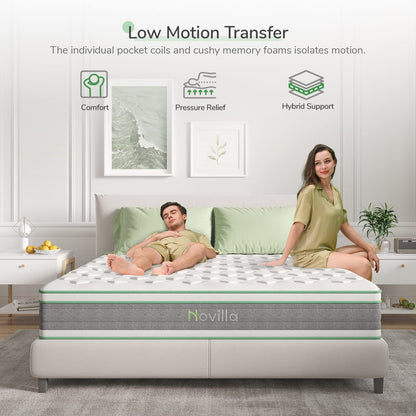 Novilla King Size Mattress, 10 Inch Hybrid Mattress in a Box, Individually Wrapped Pocket Coils Innerspring Mattress for Motion Isolation, Supportive with Medium Firm Feel, Groove