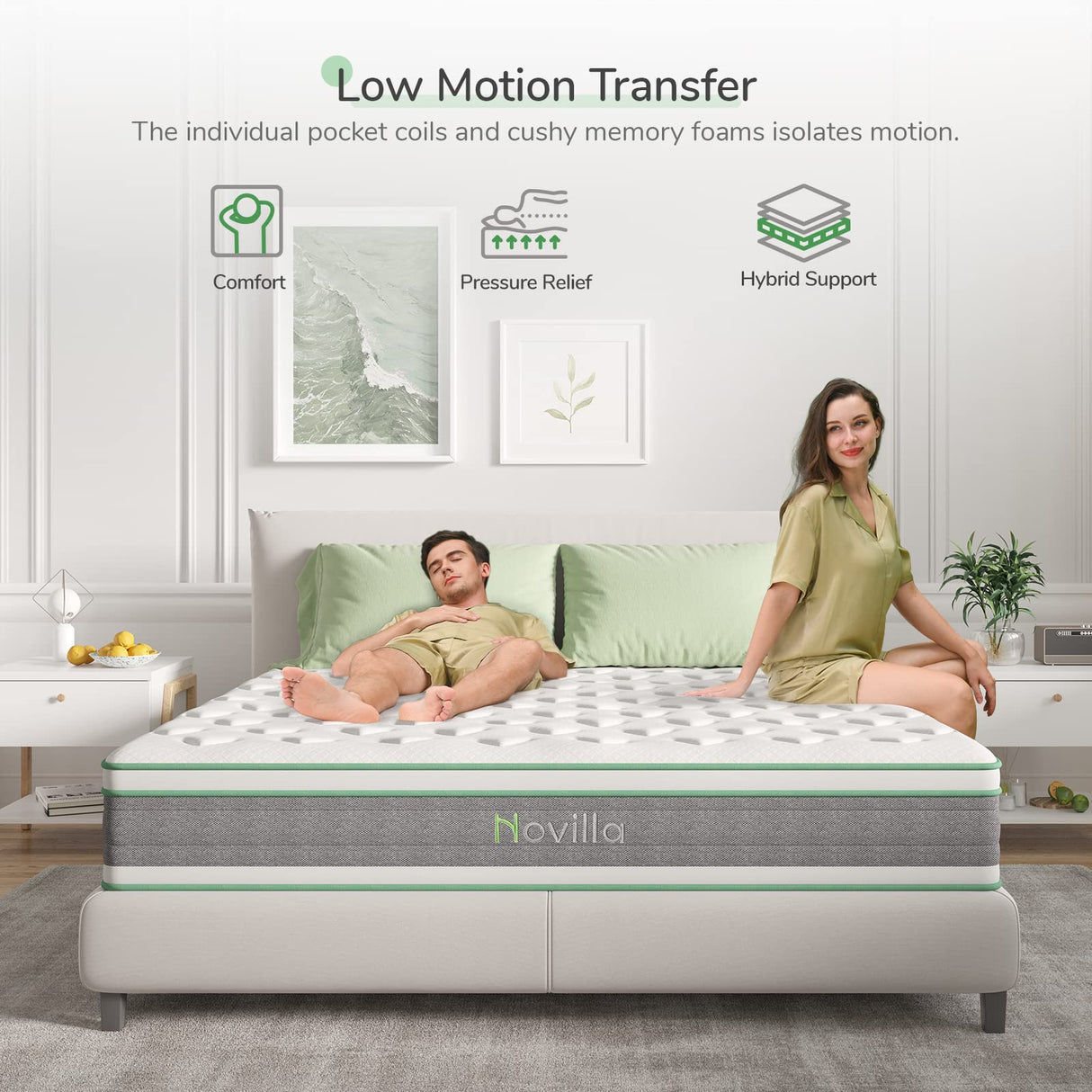 Novilla King Size Mattress, 10 Inch Hybrid Mattress in a Box, Individually Wrapped Pocket Coils Innerspring Mattresses for Motion Isolation, Pillow Top Mattresses with Medium Firm Feel, Groove Novilla