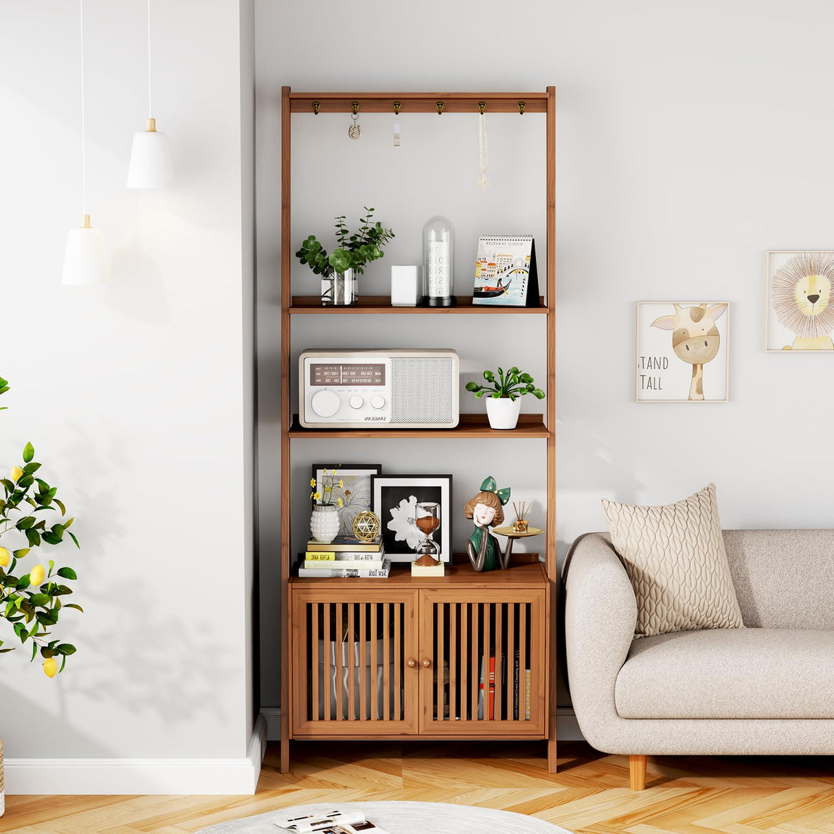 Bookcase with Drawers, 4-Tier Bamboo Bookshelf Ladder Shelf with 6 Hooks, Tall Narrow Retro Book Shelf, 24.8"L x 10.6"W x 59.5"H, Standing Storage Organizer for Living Room, Office, Bedroom, Walnut oakvivo