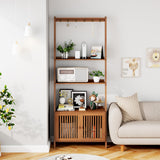 Bookcase with Drawers, 4-Tier Bamboo Bookshelf Ladder Shelf with 6 Hooks, Tall Narrow Retro Book Shelf, 24.8"L x 10.6"W x 59.5"H, Standing Storage Organizer for Living Room, Office, Bedroom, Walnut oakvivo