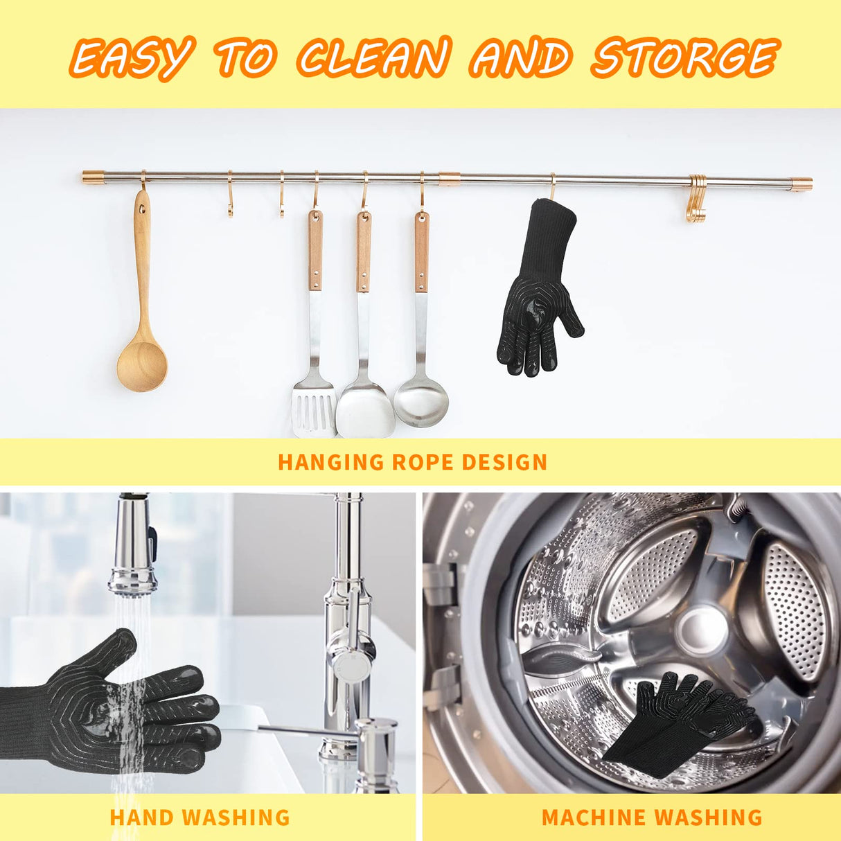 BBQ Gloves, 1472°F Heat Resistant Fireproof Mitts, Silicone Non-Slip Washable Oven Kitchen Gloves for Barbecue, Grilling, Cooking, Baking, Camping, Smoker (Black) KUWANI