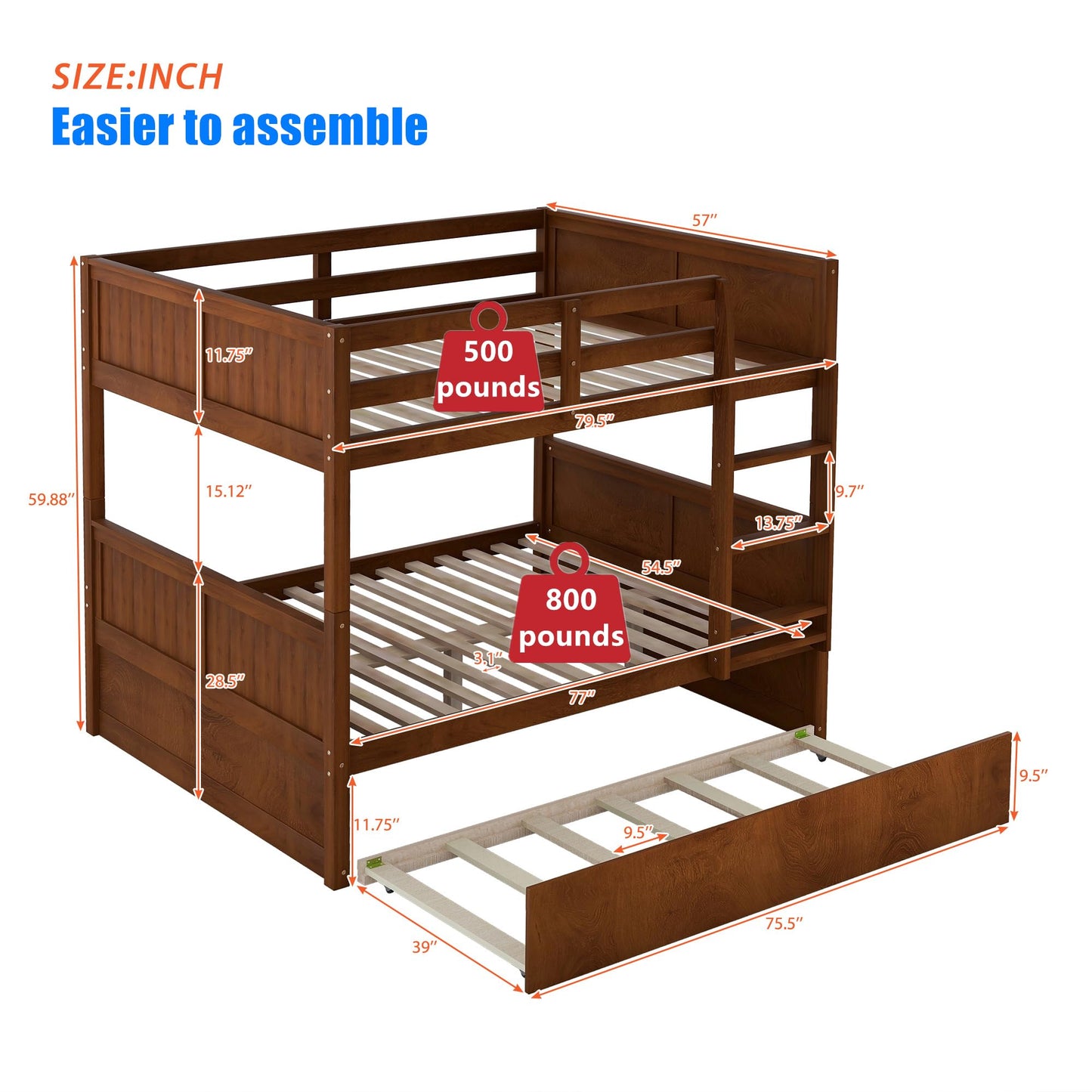 TSAMPA Latest Upgraded & Stronger Convertible Solid Wood Full Over Full Bunk Bed with Trundle, More Stable Thicken Heavy Duty Bunk Bed Frame Full Over Full Size Bunkbed (Easier to Assemble) (Walnut)