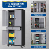 Fesbos 73" Metal Cabinet-Black&Gray Heavy Duty Rolling Storage Cabinet Steel Tool Cabinets with Wheels, Shelves, Lockable Doors and Drawers- for Garage, Pantry, Warehouse - Assembly Required Fesbos