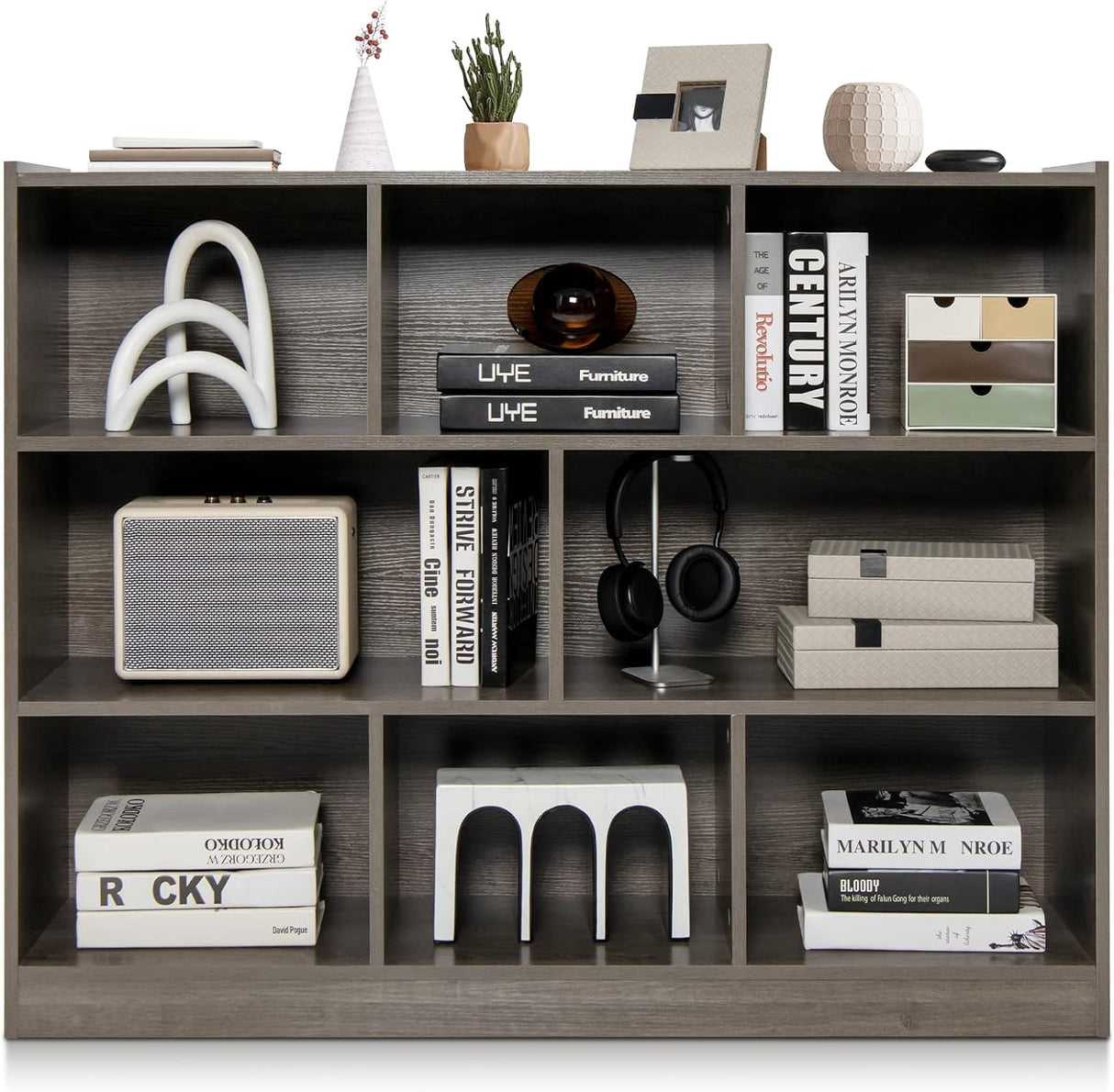 LDAILY 8 Cube Low Bookcase, 3 Shelf Horizontal Bookshelf, 3-Tier Storage Cabinet with Anti-Tipping Device, Modern Storage Shelves for Living Room, Classroom, Kids Room, Office (Gray) LDAILY