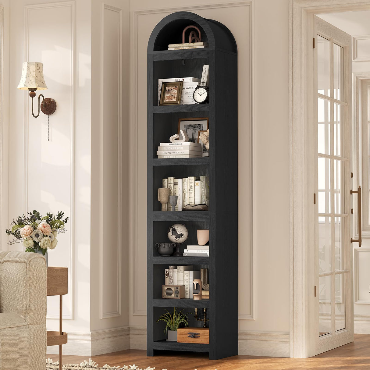UPOSOJA 76" Tall Narrow Arched Bookcase,7-Teir Mid-Century Modern Bookshelf,Adjustable Shelves offering More Storage Space for Living Room,Kitchen,Home Office,Black UPOSOJA
