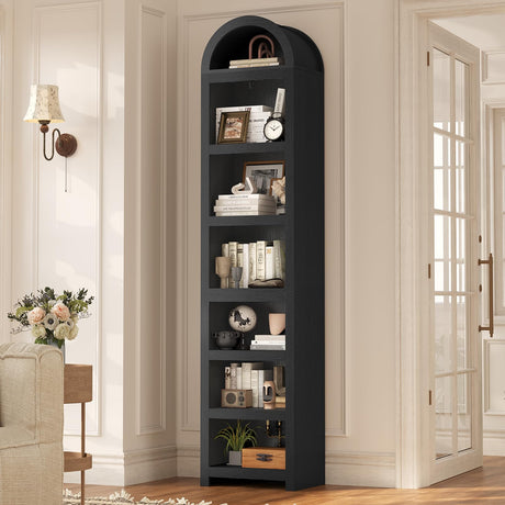 UPOSOJA 76" Tall Narrow Arched Bookcase,7-Teir Mid-Century Modern Bookshelf,Adjustable Shelves offering More Storage Space for Living Room,Kitchen,Home Office,Black UPOSOJA