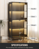 Glass Display Cabinet with Doors, 4-Tier Display Case with Adjustable Shelves, RGB LED Lights with App & Remote Control, Curio Storage Cabinet with Metal Base for Collectibles, Books, Black Zephome