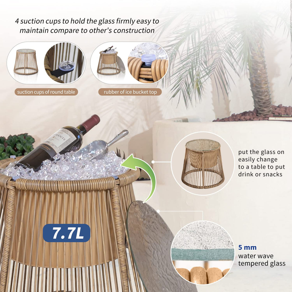NICESOUL® 6 Pcs Boho Outdoor Small Patio Furniture Lounge Set with Beige Cushion and Round Glass Table with Ice Bucket Natural Color Wicker Conversation Sofa Set for Garden Balcony Deck NICESOUL