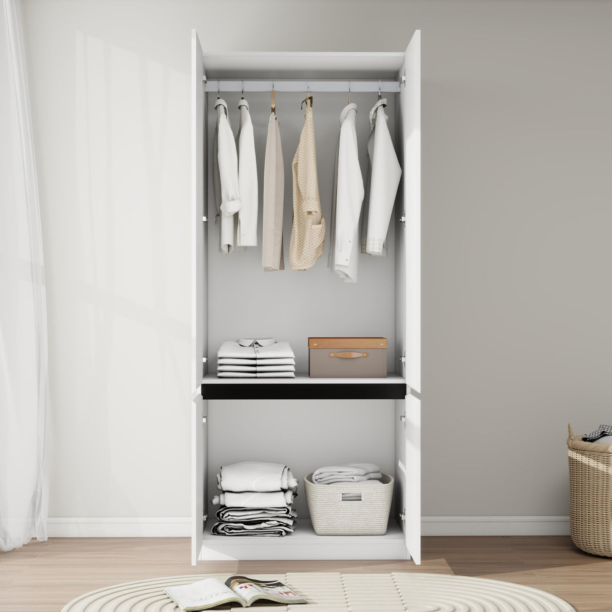 LABROSKIA Bedroom Armoire Wardrobe Closet with 2 Doors: 75" White Wardrobe Cabinet for Clothes, Wooden Closet with Hanging Rod, Modern Armoire with Shelves (1) LABROSKIA