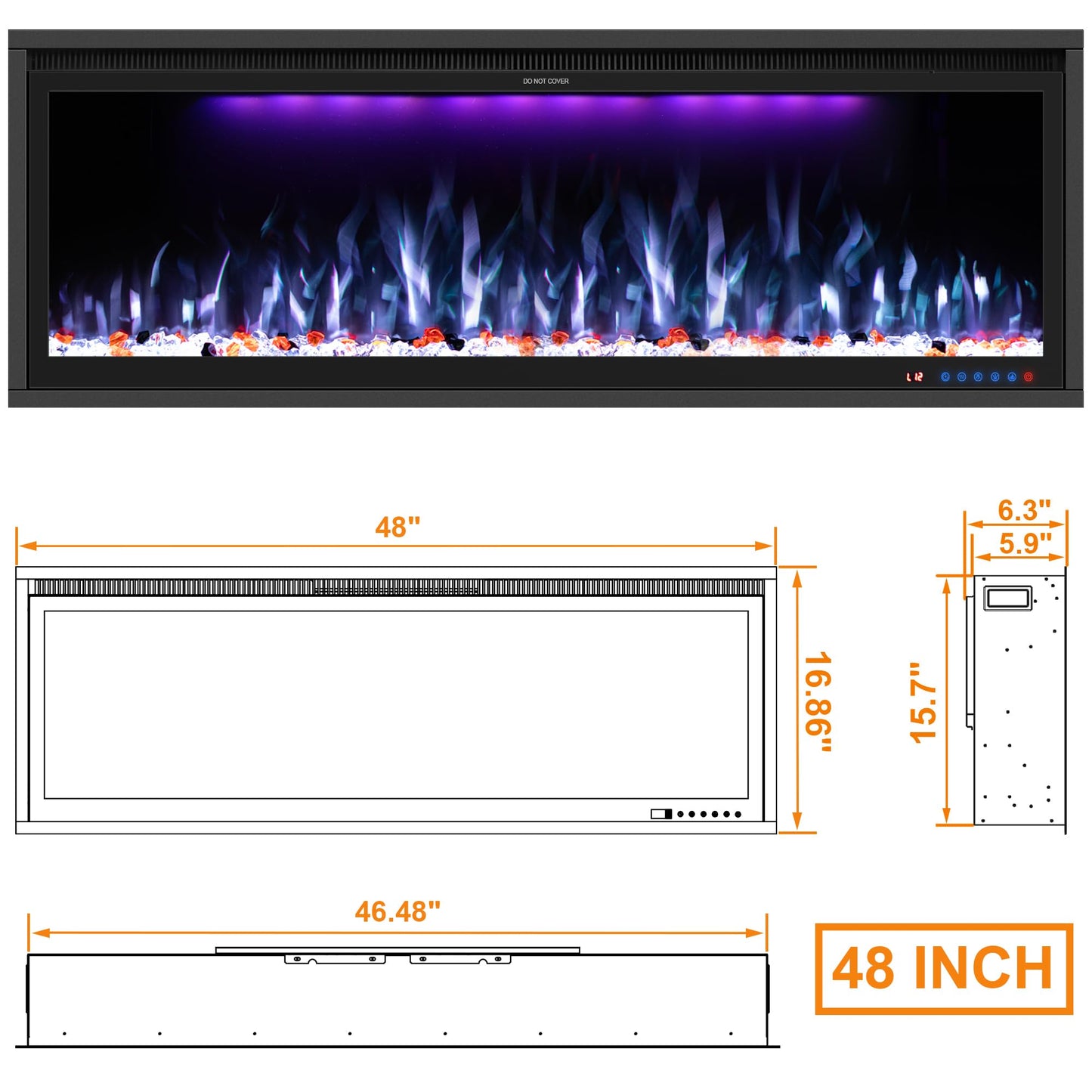 Benrocks 48'' WiFi- Enabled Electric Fireplace Inserts - Alexa & App Control, Slim Recessed & Wall Mounted, 13 * 13 * 3 Flame Color Combinations, 750W/1500W, Black