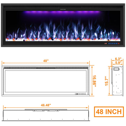 Benrocks 48'' WiFi- Enabled Electric Fireplace Inserts - Alexa & App Control, Slim Recessed & Wall Mounted, 13 * 13 * 3 Flame Color Combinations, 750W/1500W, Black