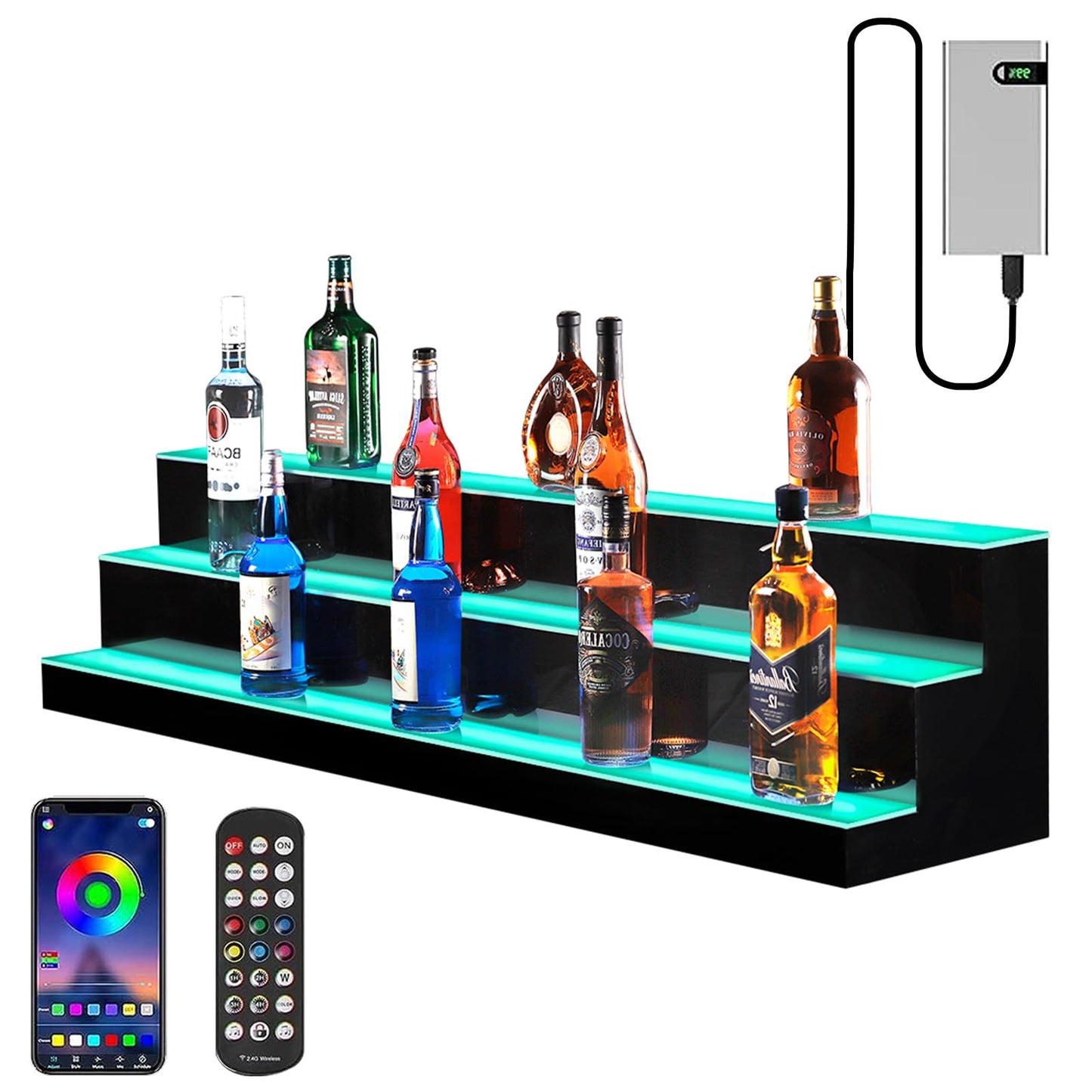 MESAILUP 60 Inch Detachable LED Lighted Liquor Bottle Display 3 Step Illuminated Bottle Shelf 3 Tier Home Bar Drinks Commercial Lighting Shelves with Remote Control (3 Tier, 60 inch) - WoodArtSupply