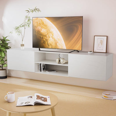 TIMSATIO Floating TV Stand Wall Mounted,70" Floating Entertainment Center for 60" 70" 80",Floating Shelf for Under tv, 3 Cabinet TV Console,Media Console for Living Room (Pure White)