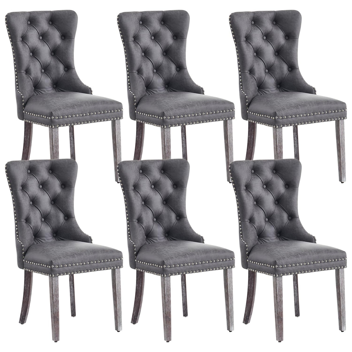 Eifizek Leather Dining Chair Set of 6, Dining Room Chairs with Nailhead Ring Pull Trim, Upholstered Dining Chairs with Solid Wood Legs for Kitchen Dining Room (Grey) Eifizek